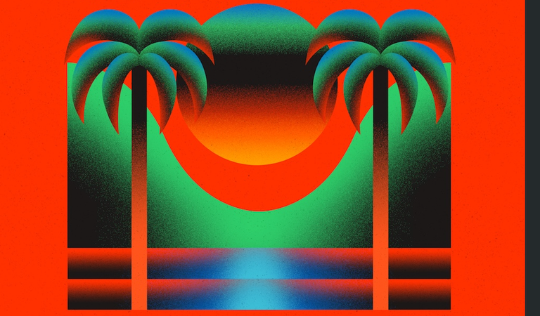 Vibrant graphic for Neon Tides featuring two stylized palm trees framed against a sun setting over water on a bright orange background.